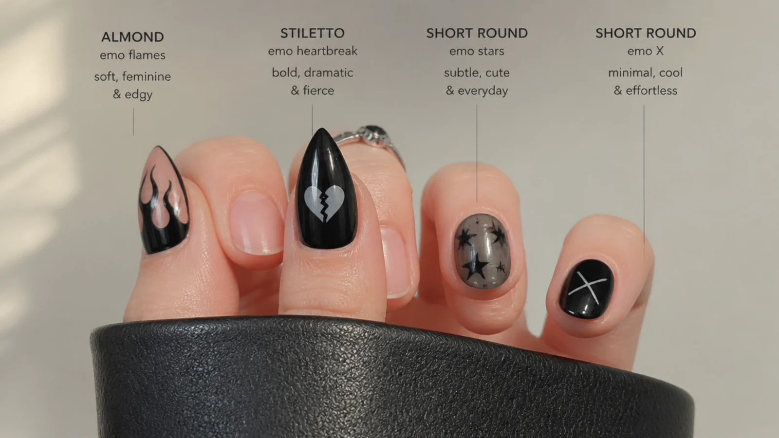 Almond, stiletto and short round nails compared for emo designs