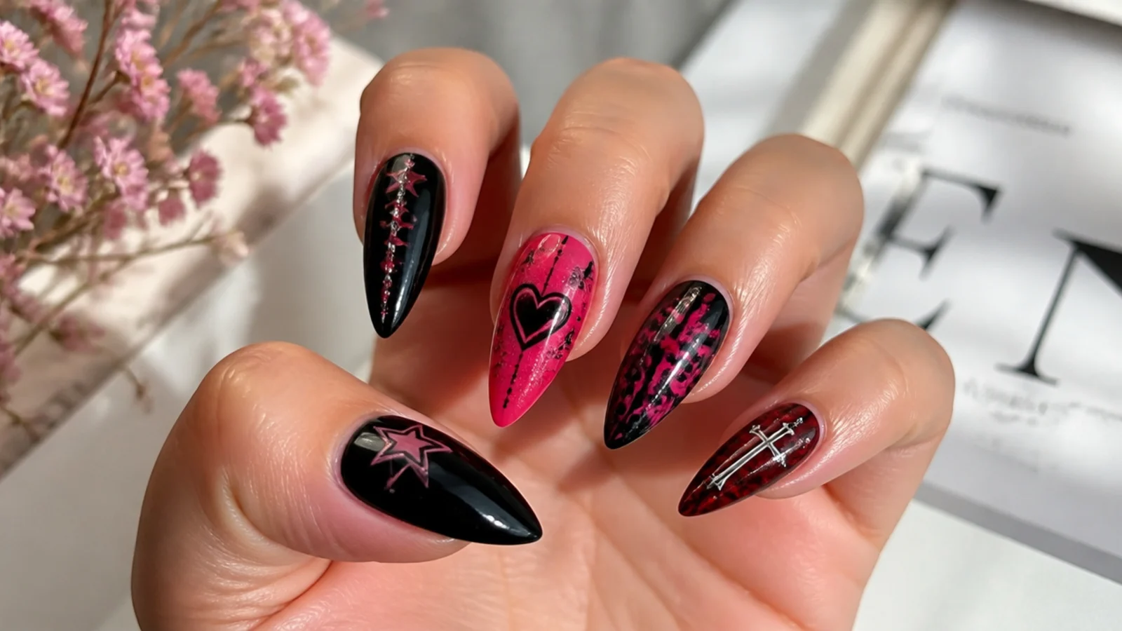 Swatches of black, pink and red emo nail colors with common motifs