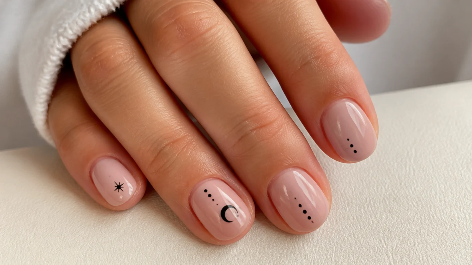 Short round emo nails with subtle small black motifs for the office
