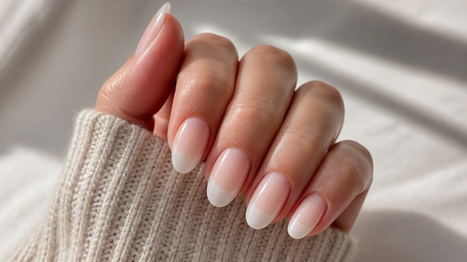 Almond nails with a milky white translucent tip over a bare natural nail base