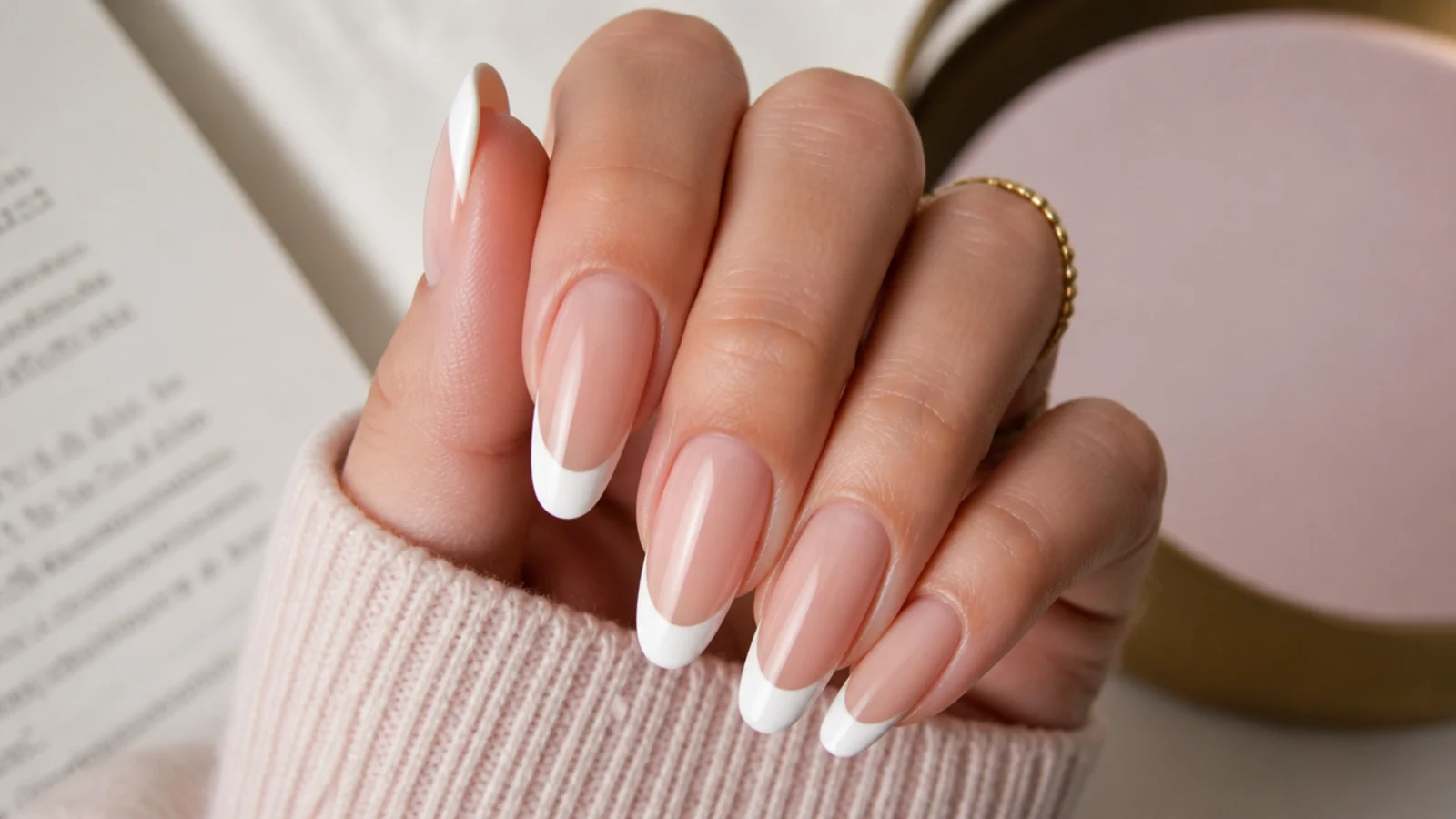 Long almond nails with a crisp bright white French tip and a deep curved smile line