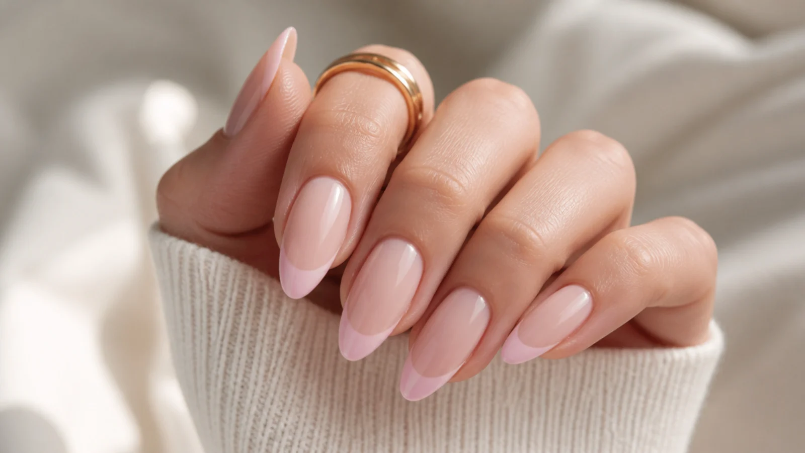 Almond nails with a soft ballet pink French tip over a sheer neutral base