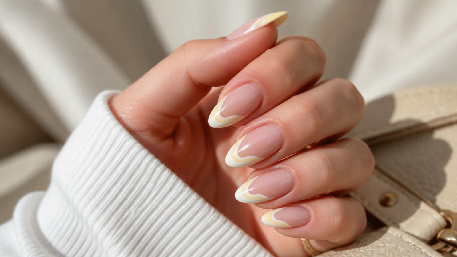 Almond nails with a swirled wave French tip in white and butter yellow over sheer nude