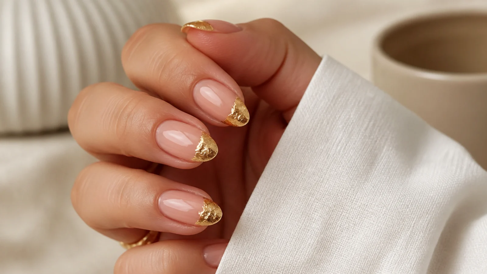 Almond nails with torn gold leaf foil along the tip sealed under a glossy top coat