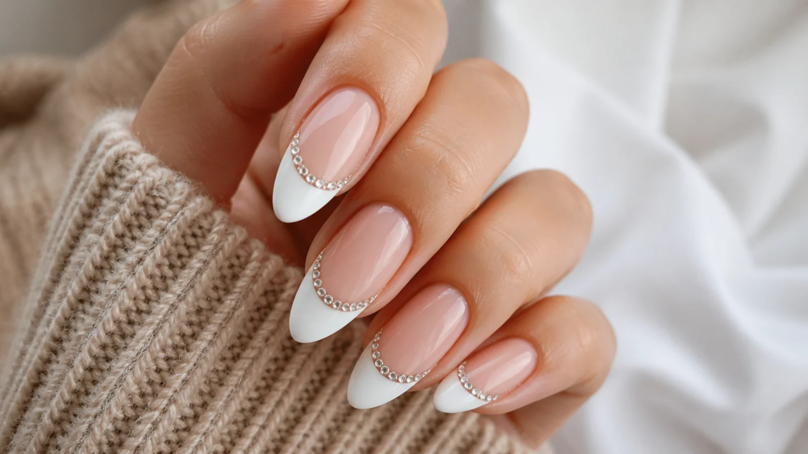 Long almond nails with a white French tip and small clear rhinestones set along the smile line