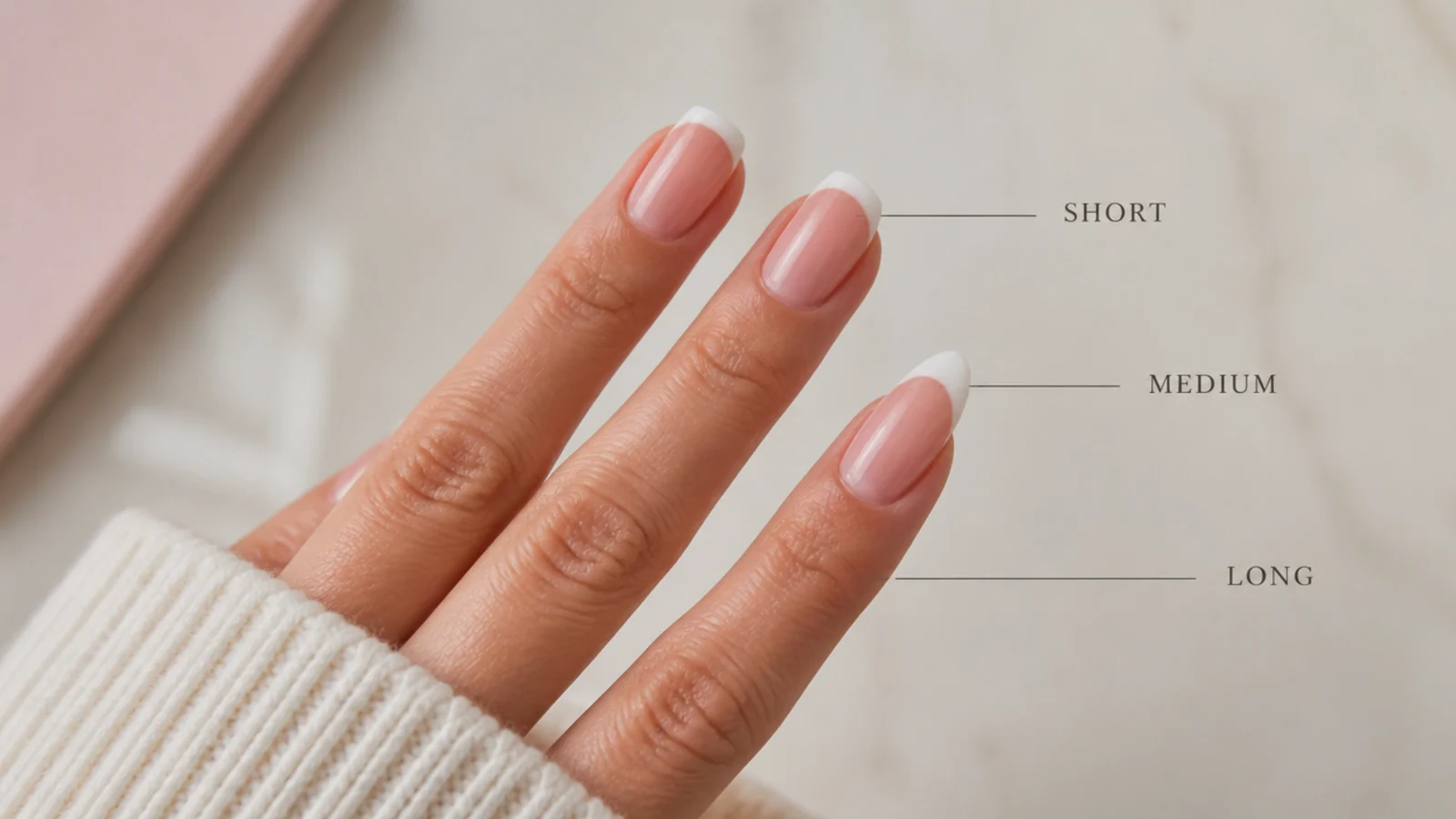 Three almond nails at short, medium and long free edge lengths with white French tips
