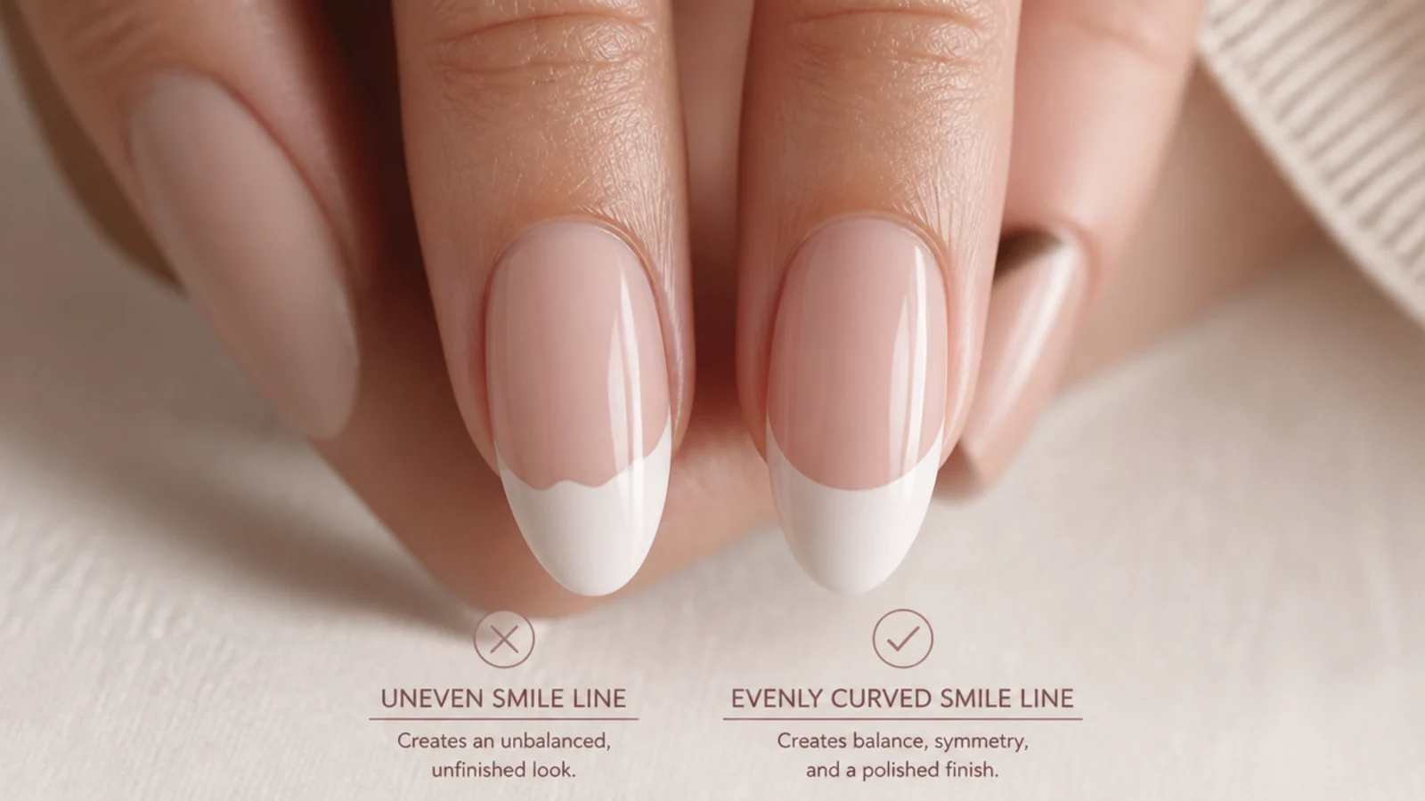 Close-up of an almond nail showing an uneven smile line beside a correctly curved one