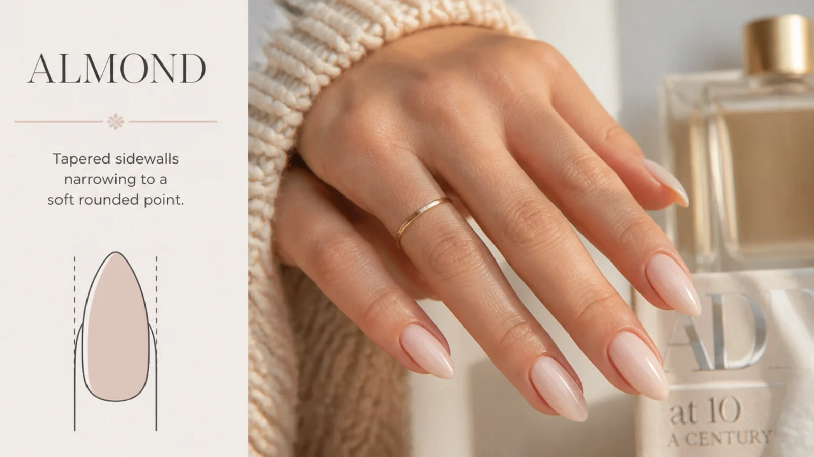 Almond nail shape diagram showing tapered sidewalls narrowing to a soft rounded point