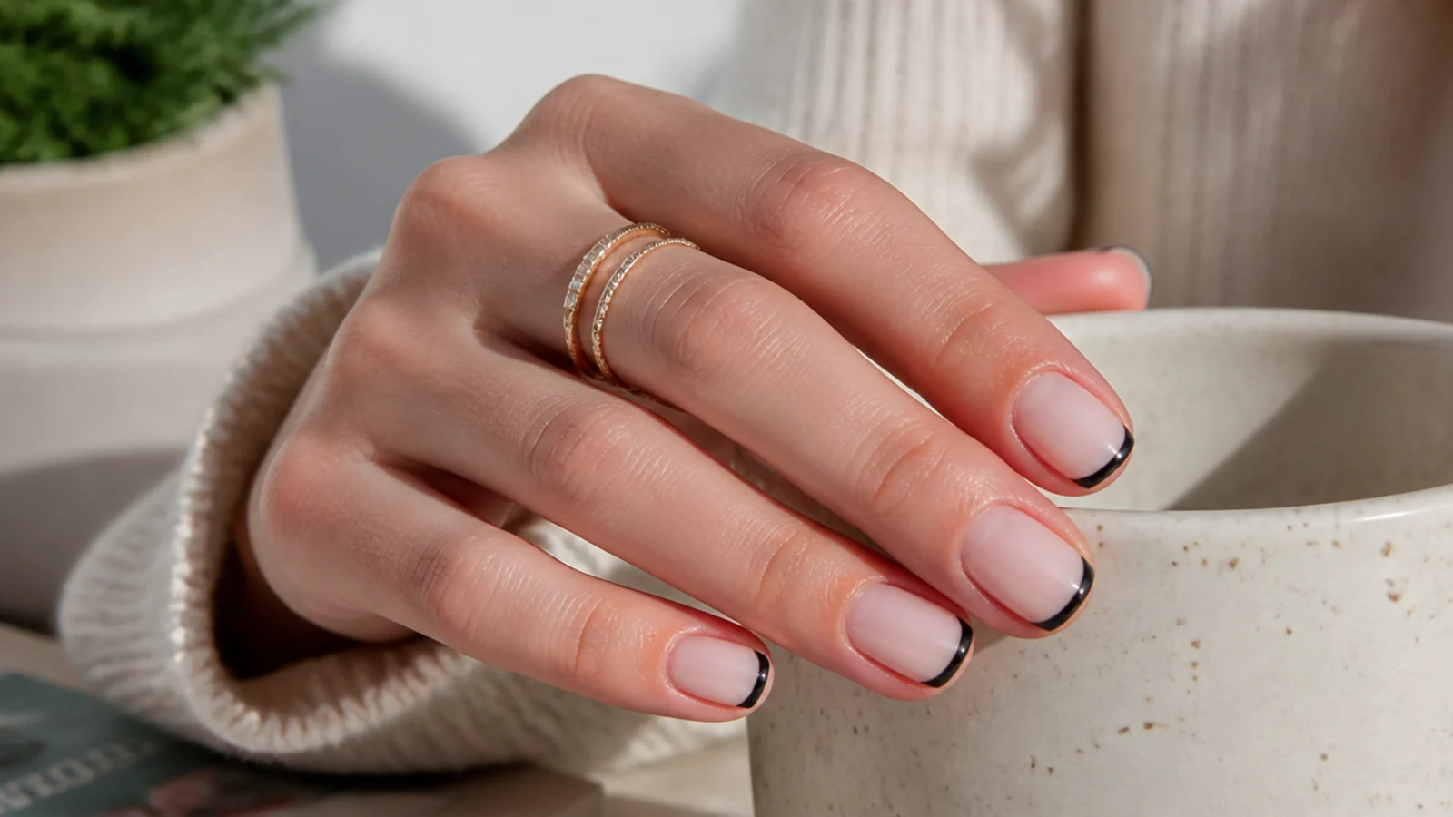 Short square nails with a thin black French tip and a shallow smile line on a nude base