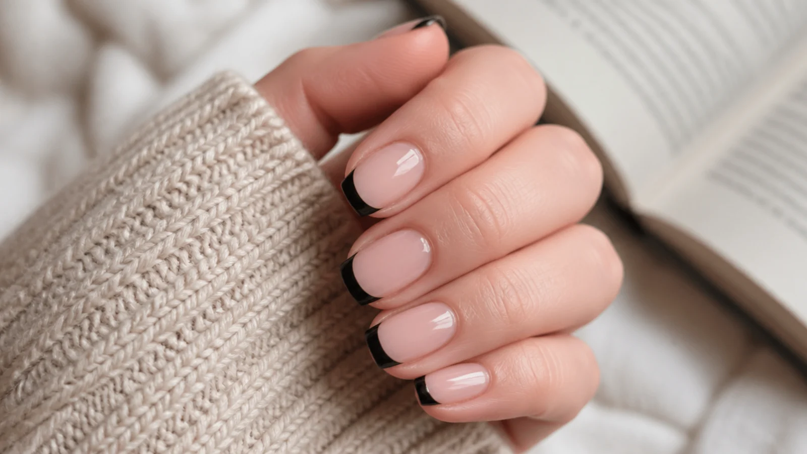 Natural bare nails with a black French tip and no base color, finished with clear gloss