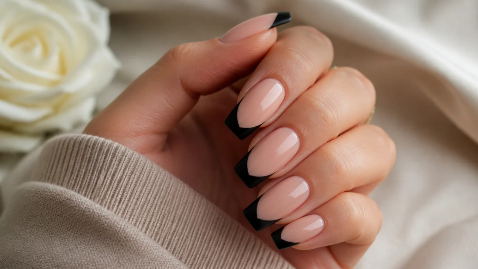 Medium coffin nails with a velvety matte black French tip against a glossy nude base