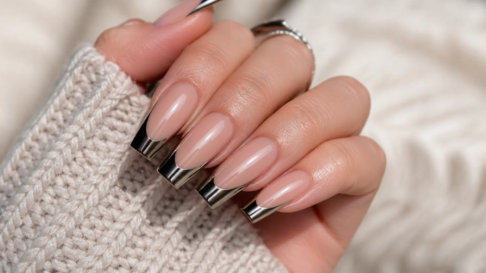 Long coffin nails with mirror black chrome French tips reflecting like polished gunmetal