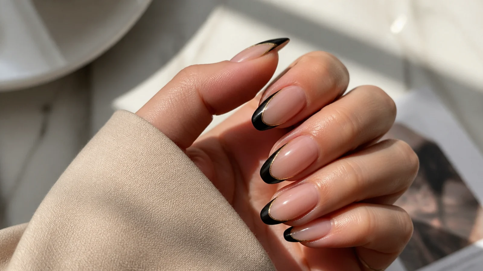 Almond nails with black French tips and thin gold accent lines over a warm nude base