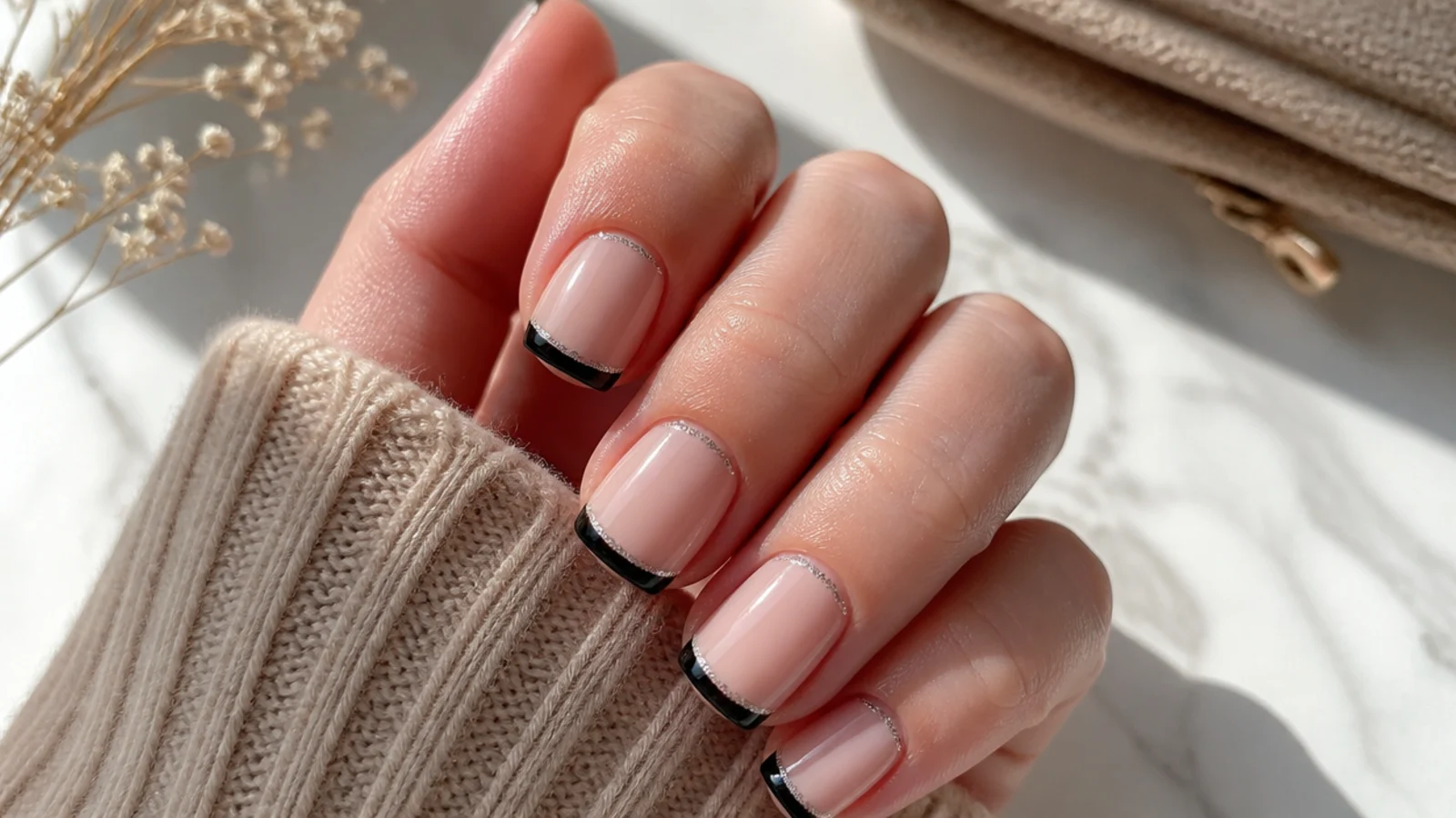 Short square nails with black French tips and a fine silver glitter line under the smile line