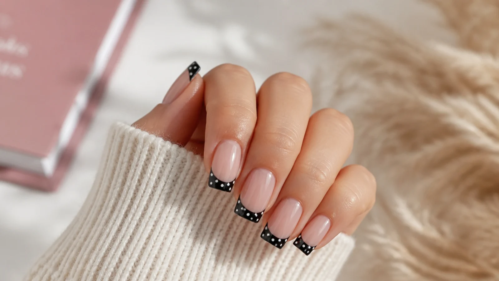 Square nails with black French tips scattered with tiny white polka dots on a nude base