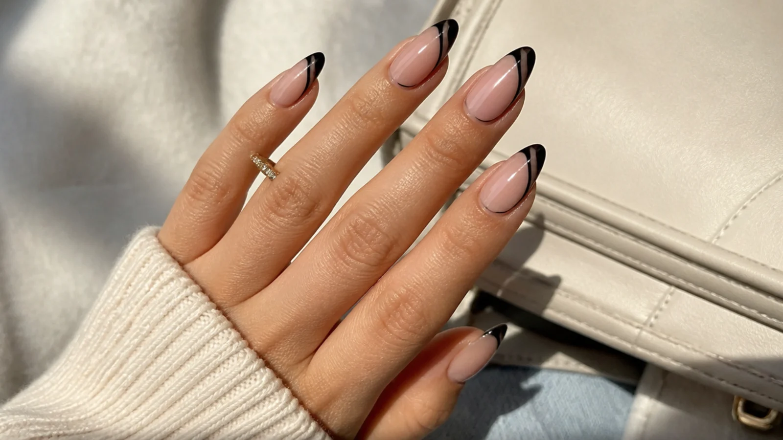 Almond nails with a black swirled French tip curling up one side of the nail bed