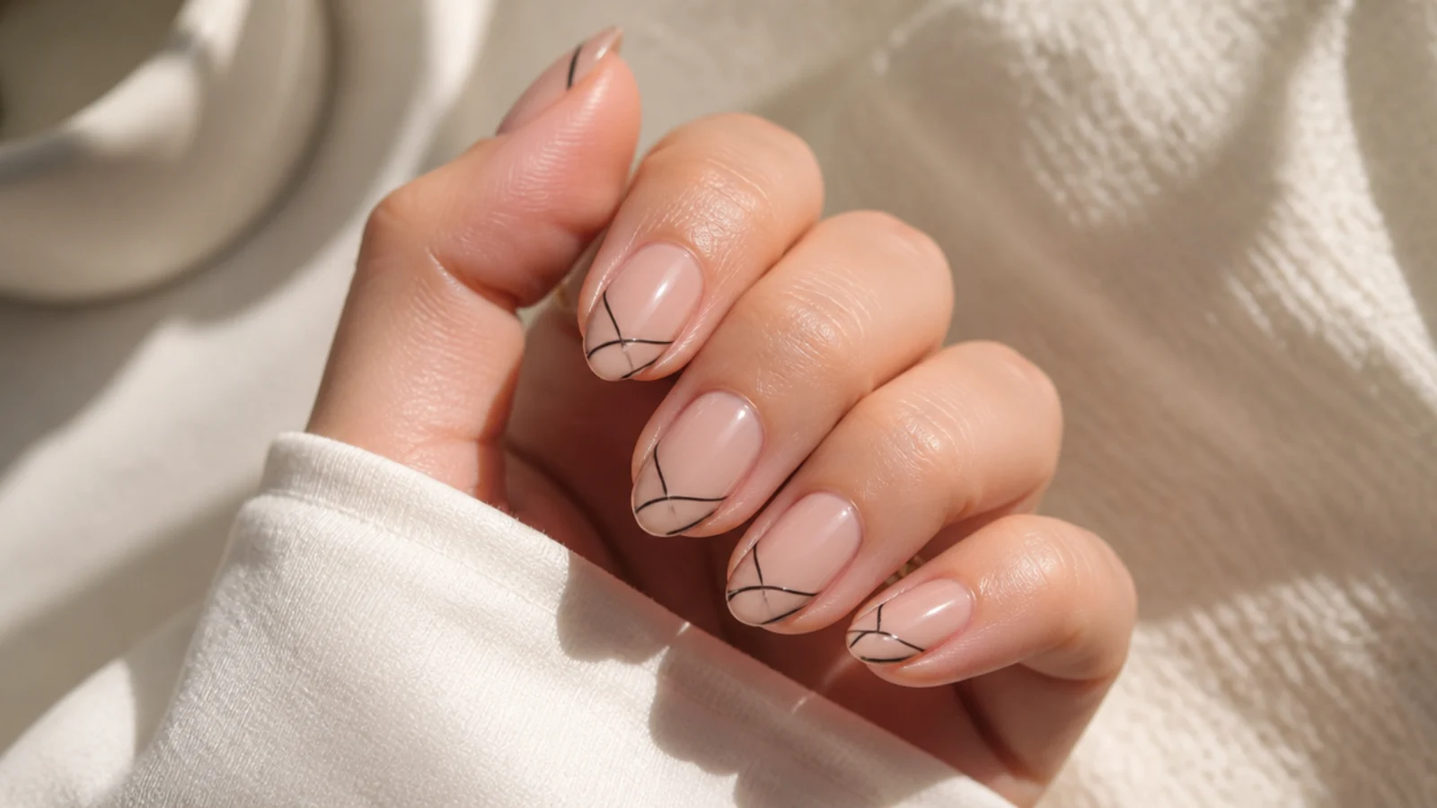 Nude almond nails with thin abstract black lines crossing the tips at angles