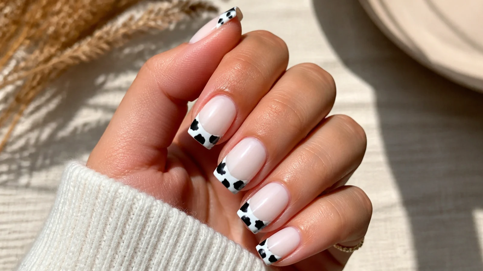 Square nails with black cow print patches filling the French tip over a white base