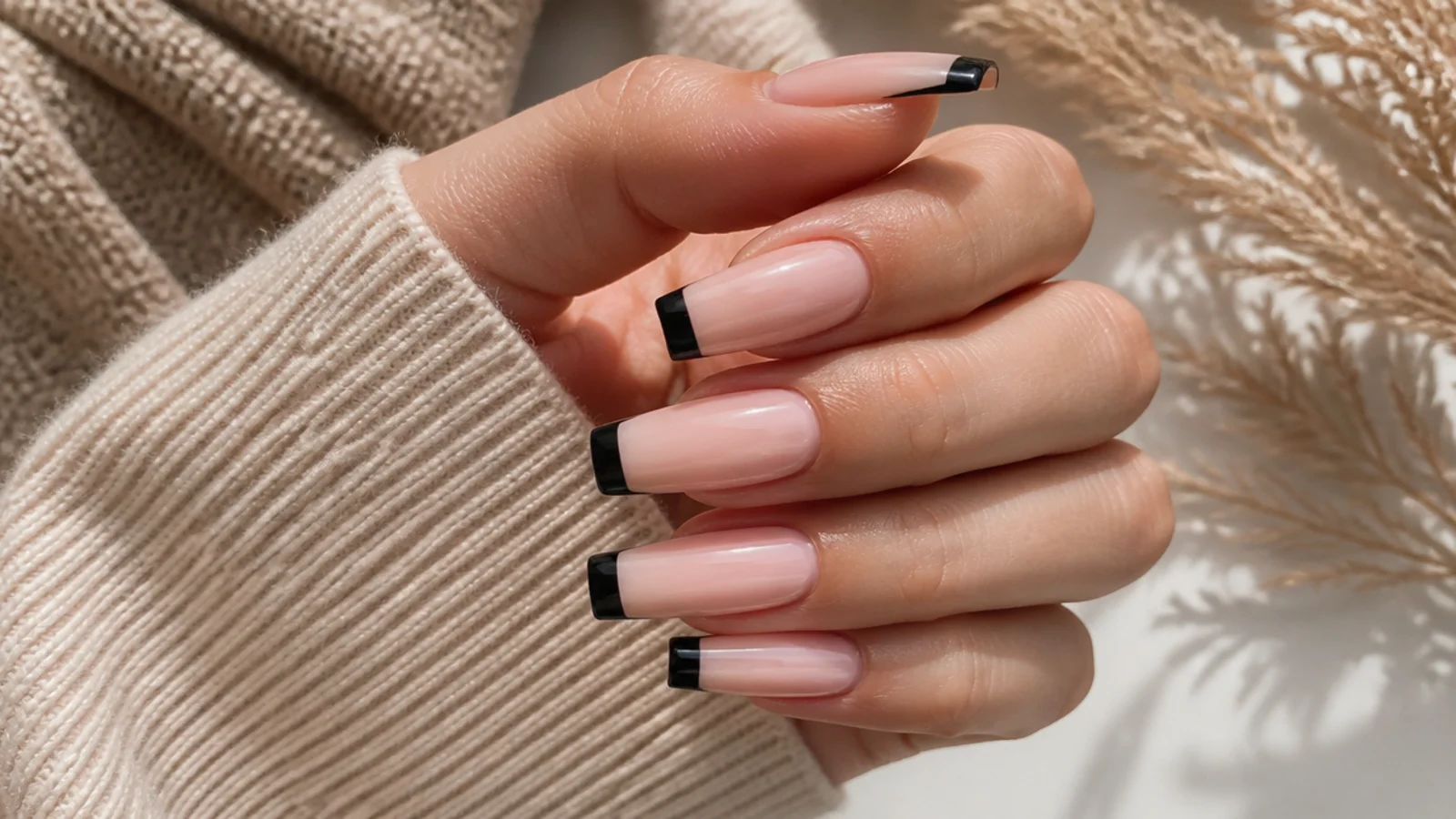 Long coffin nails with a straight black French tip band running parallel to the flat tip edge