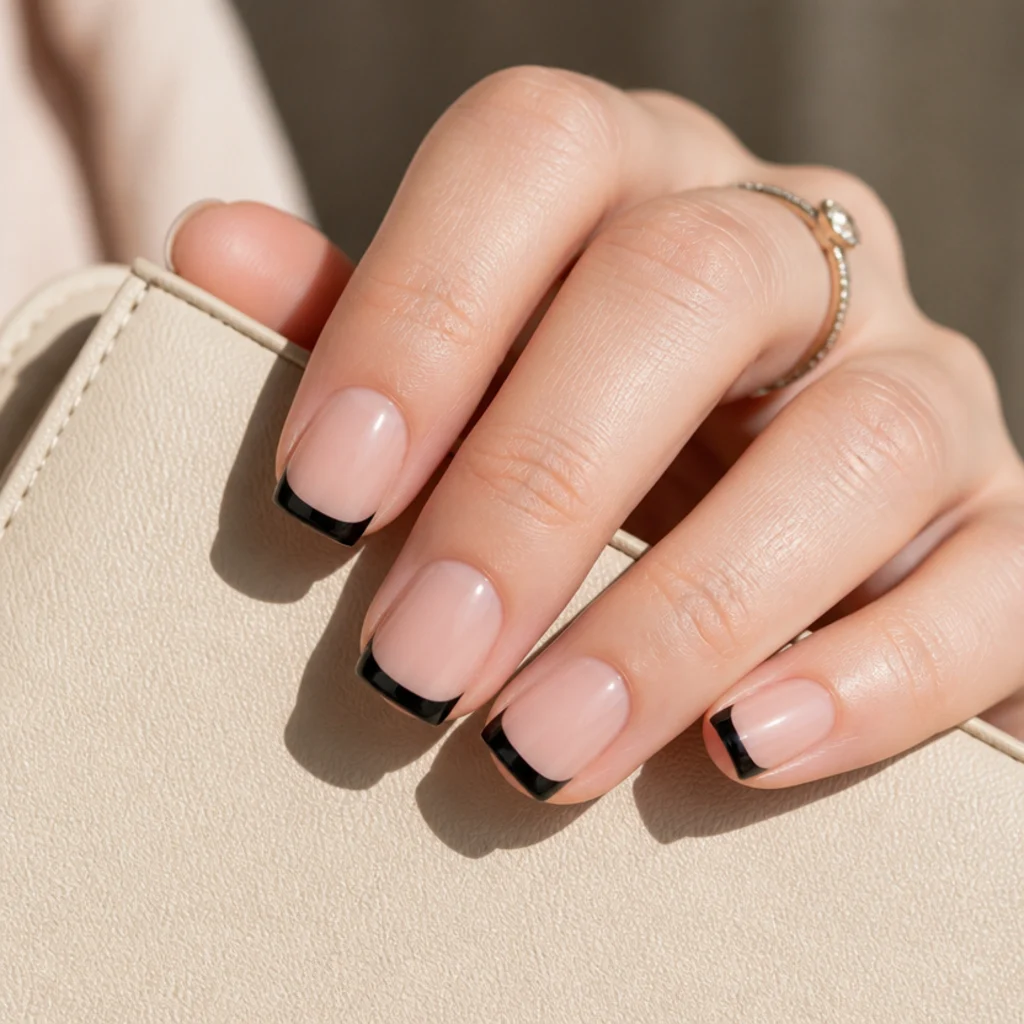 Short square nails with a straight-edged black French tip and a shallow smile line
