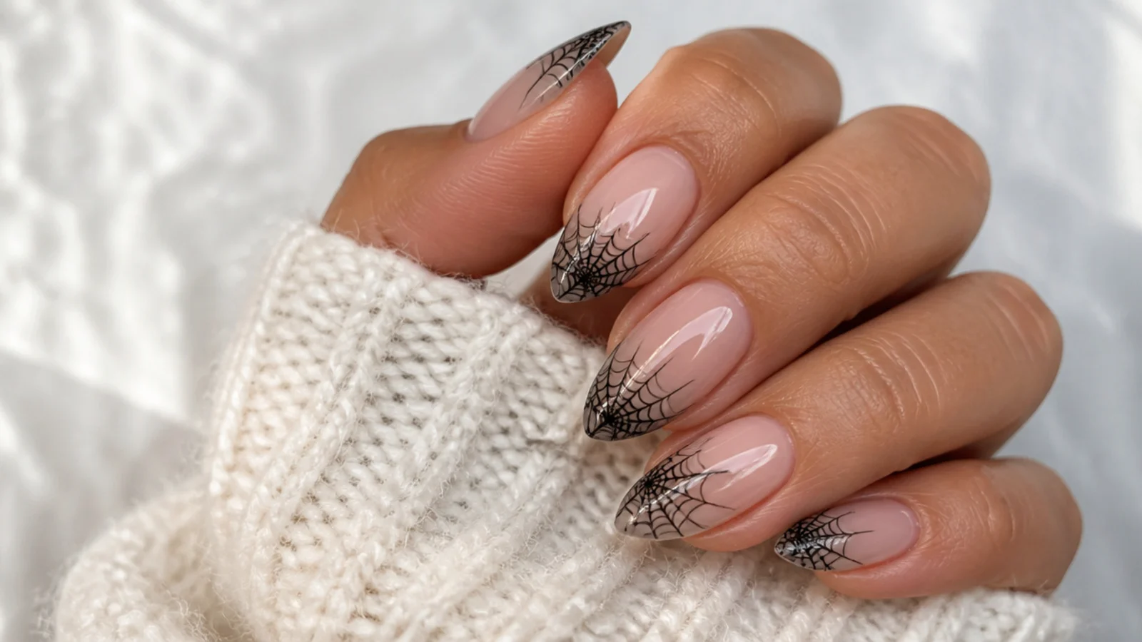 Almond nails with fine black spiderweb lines spreading from the tip corner over a sheer base