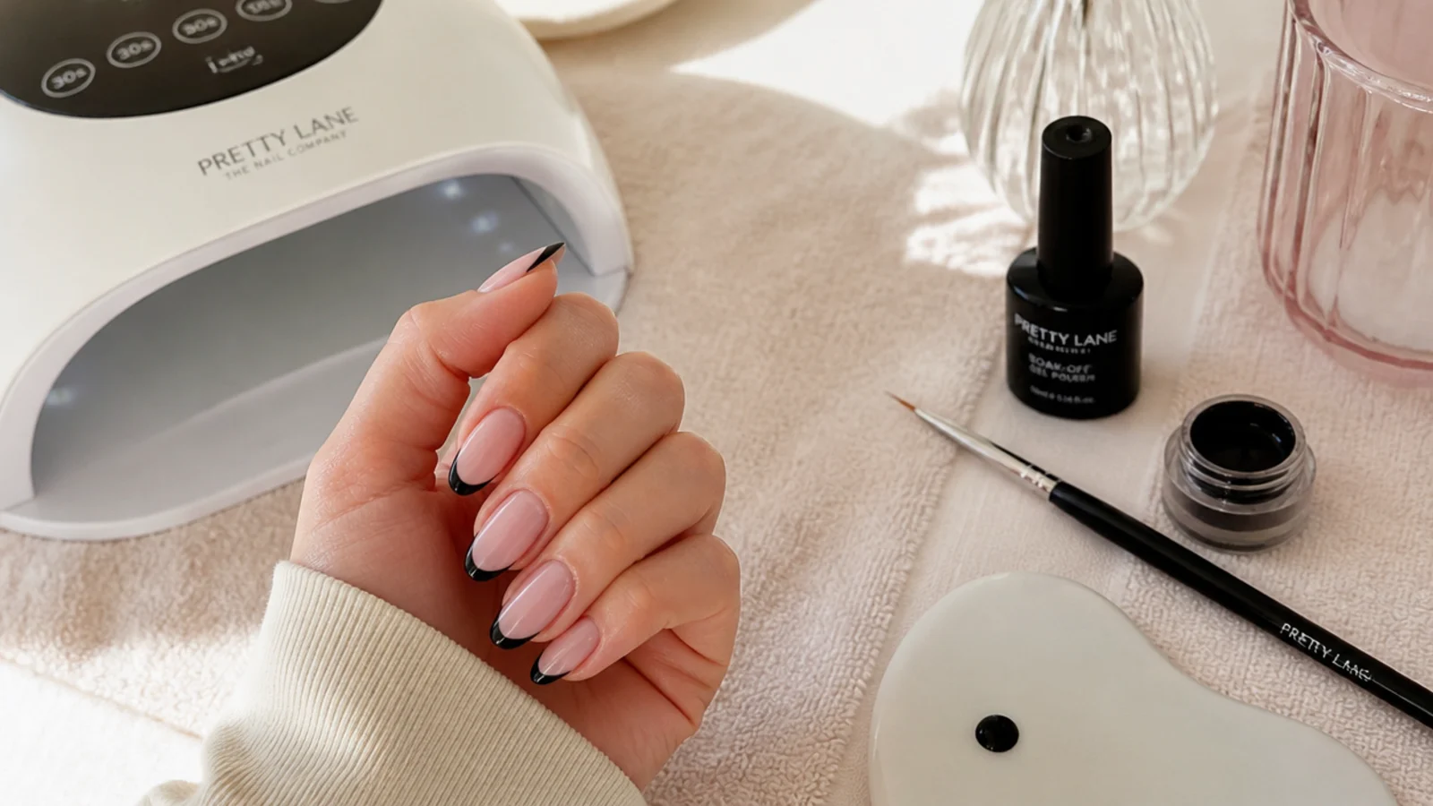 Nail salon station with black gel polish, liner brush and lamp set up for a French tip set