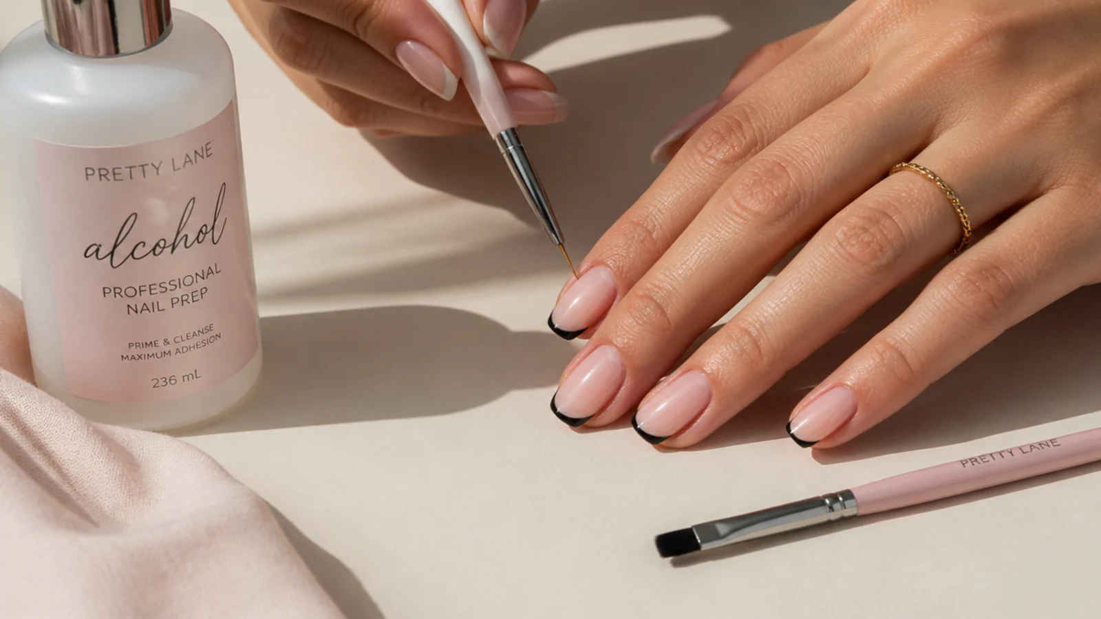 Liner brush painting a black French tip on a nail beside a bottle of alcohol and a cleanup brush
