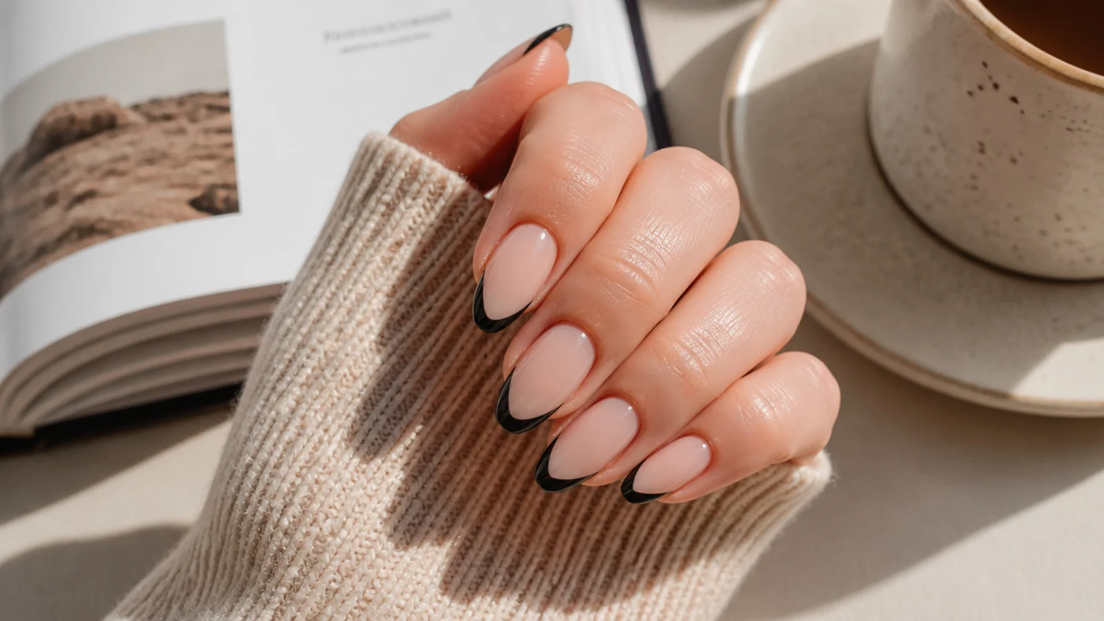 Medium almond nails with crisp black French tips over a sheer nude base and glossy finish