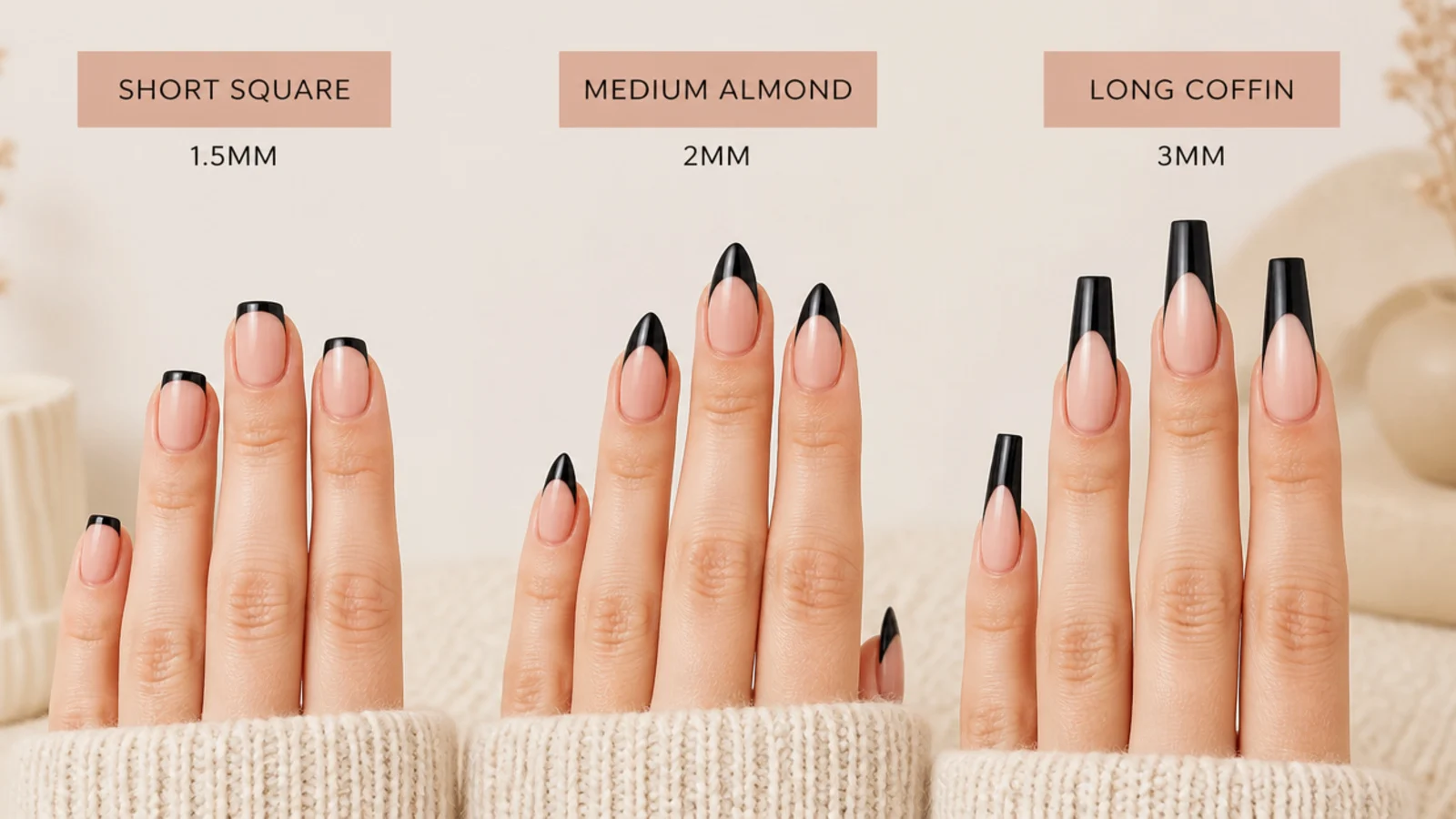 Short square, medium almond and long coffin nails compared with proportional black tip widths