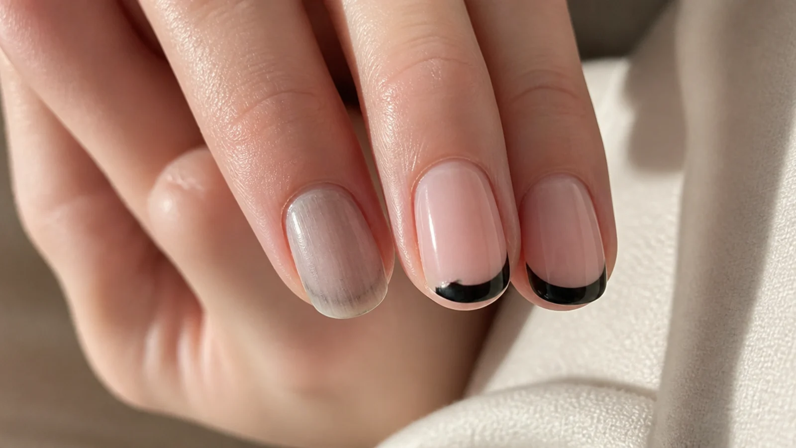 Close-up of a chipped black French tip beside a nail showing gray staining after removal