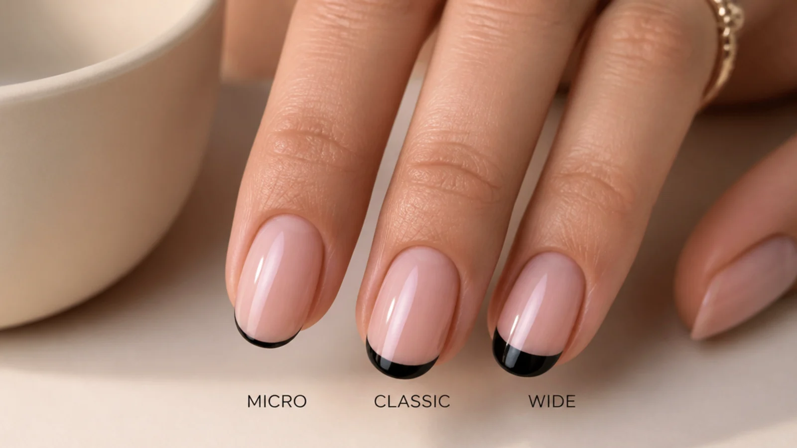 Three nails compared showing micro, classic and wide black French tip band widths