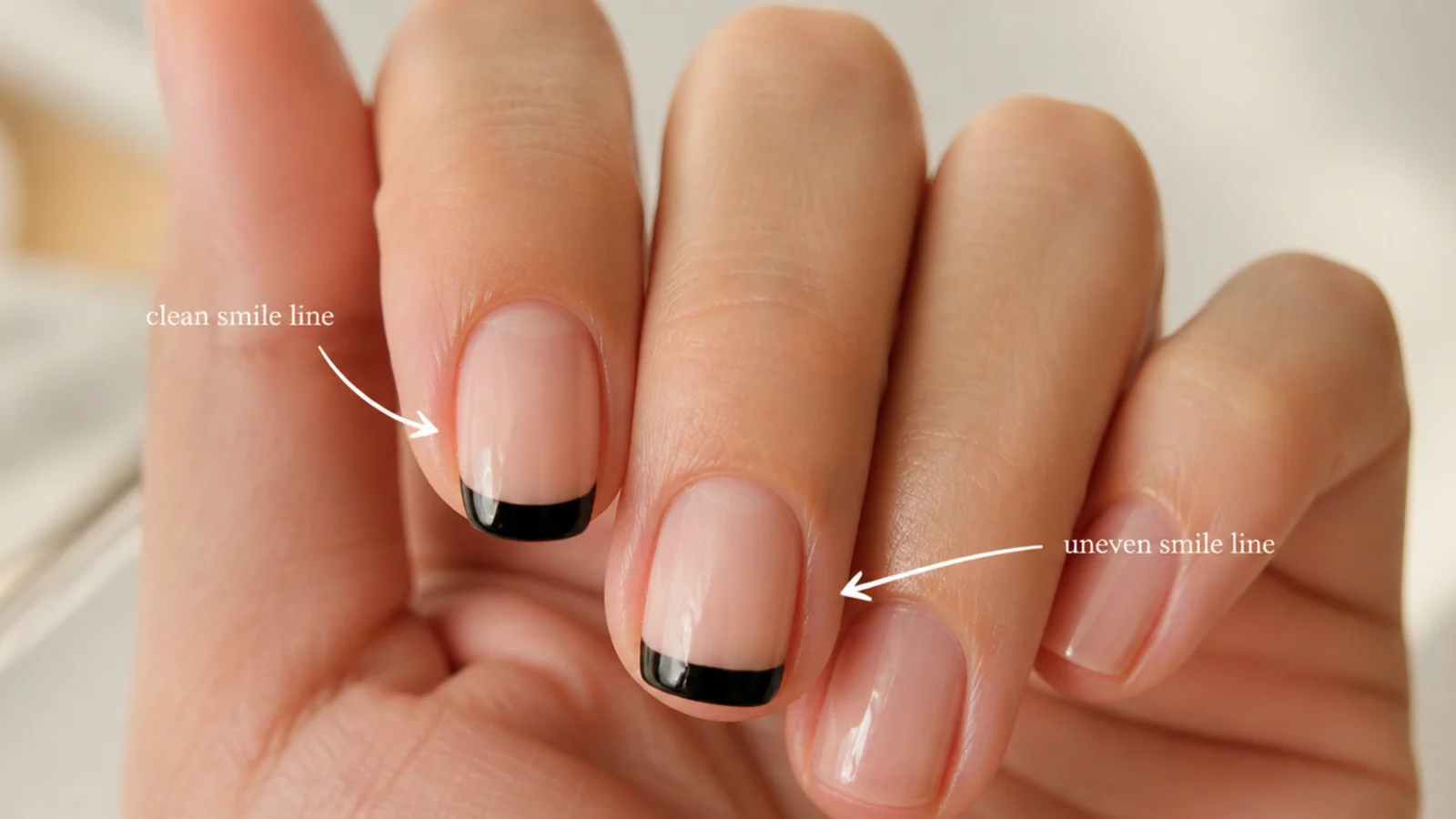 Two black French tips compared, one with a clean smile line and one visibly uneven