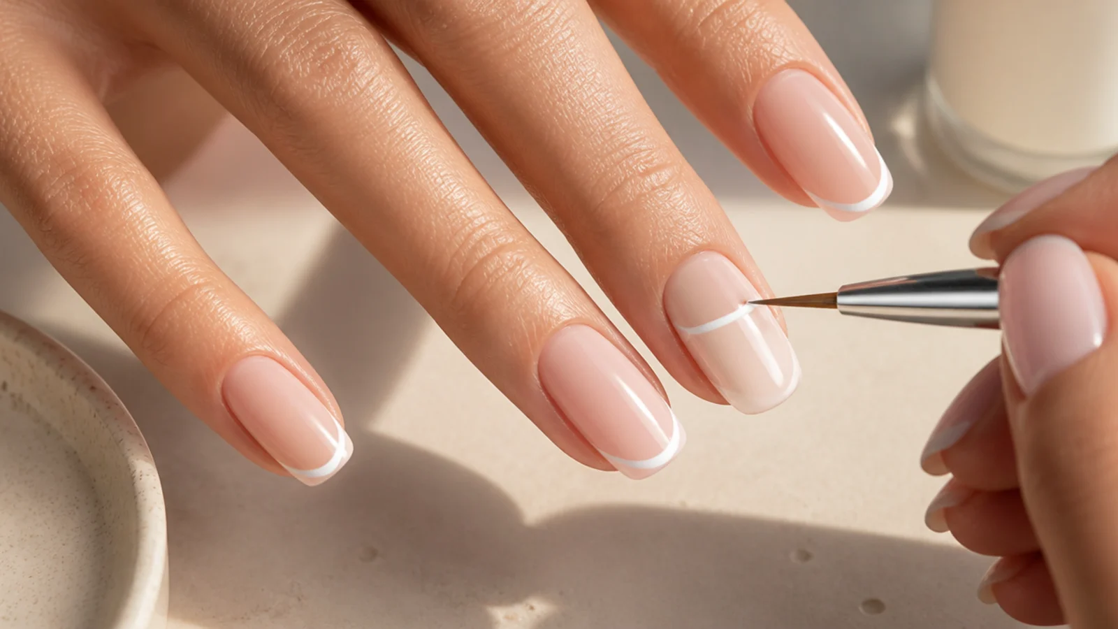 Thin nail art liner brush drawing a crisp white smile line freehand across the free edge of a nail