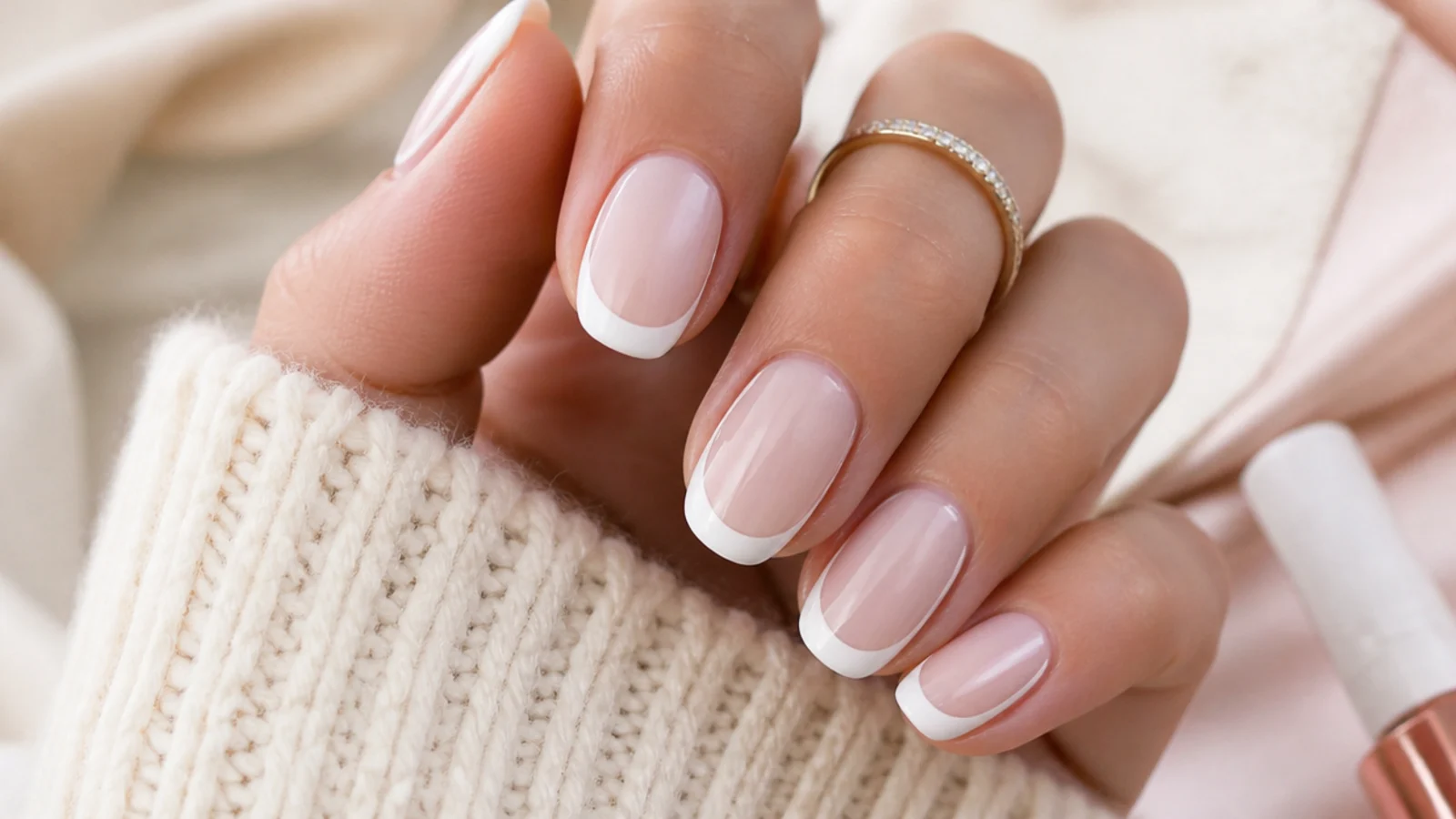 Beetles style gel French manicure kit with milky nude base gel, opaque white gel and a thin liner brush