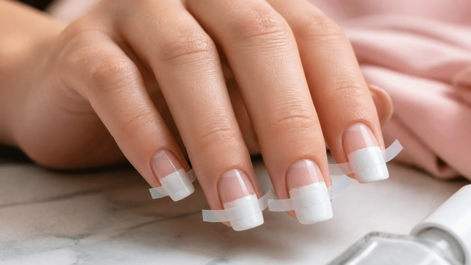 Curved French tip guide stickers applied across nails with white polish painted above the sticker edge