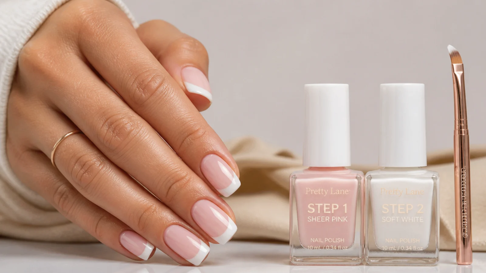 Two step French manicure kit with a sheer pink base and soft white tip polish beside a curved brush