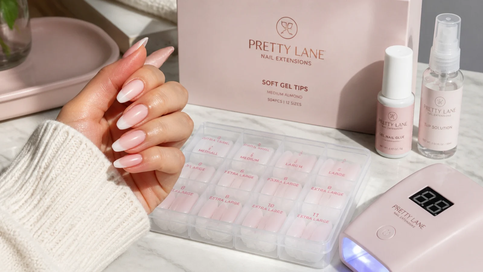 Soft gel nail extension tips in a sizing tray next to gel glue, slip solution and a compact LED lamp