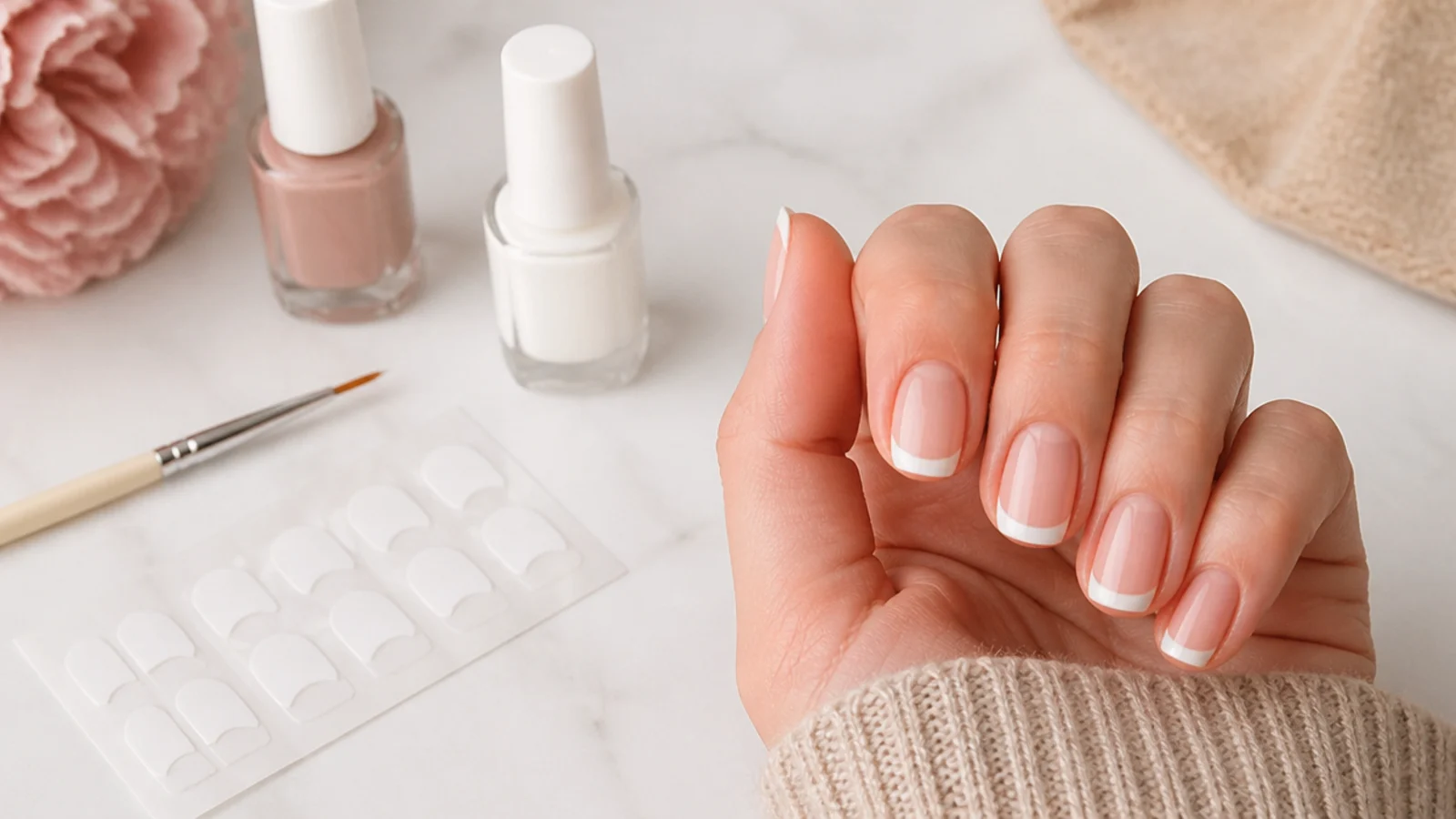 Budget French manicure setup with one nude polish, one white polish, a liner brush and guide stickers