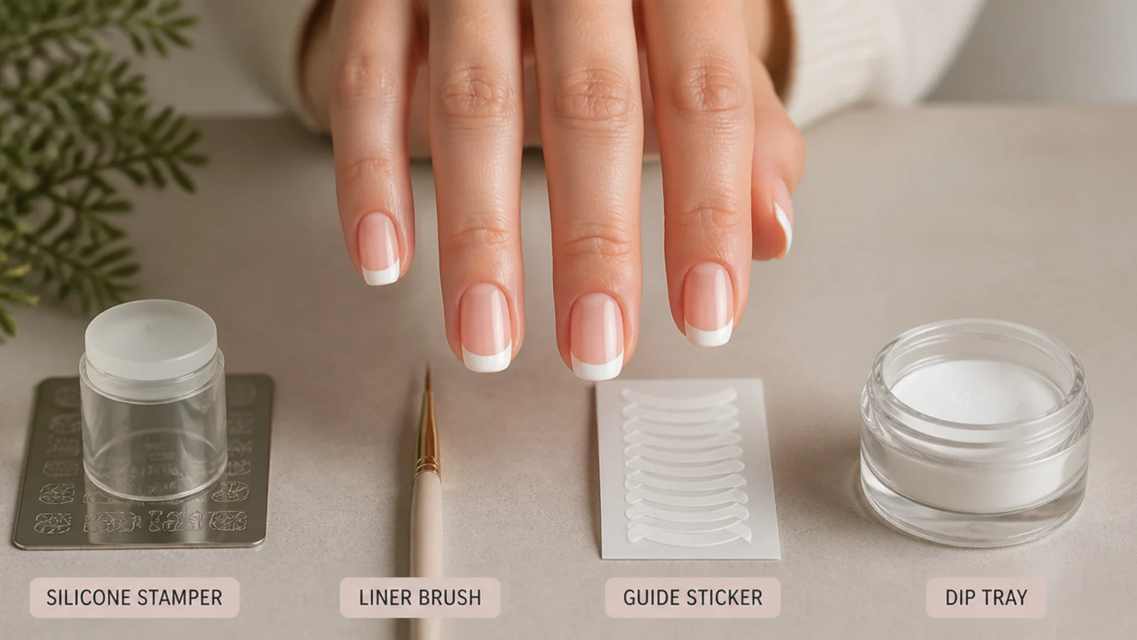 Four French tip methods side by side showing a silicone stamper, liner brush, guide sticker and dip tray