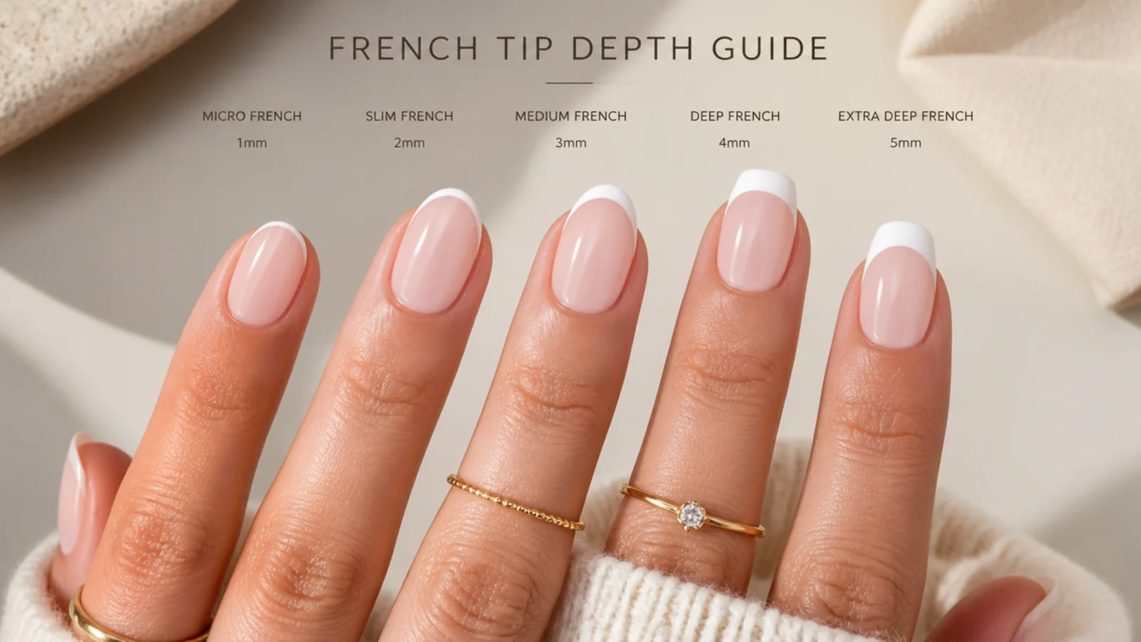 Short square, almond and oval nails side by side with different French tip depths marked on each