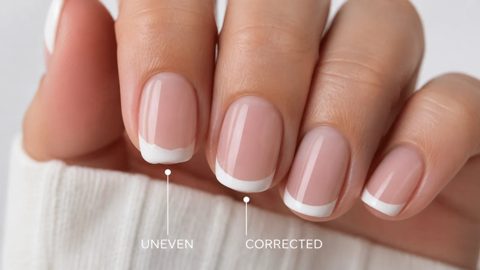 Close up of an uneven French smile line next to a corrected crisp white tip on the same nail shape