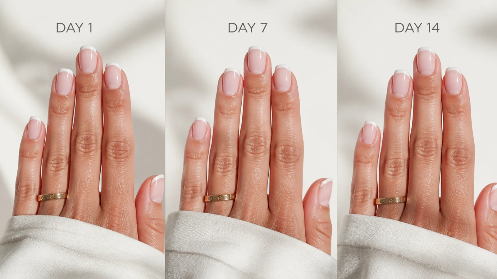 White French tip nails photographed at day one, day seven and day fourteen showing regrowth at the cuticle