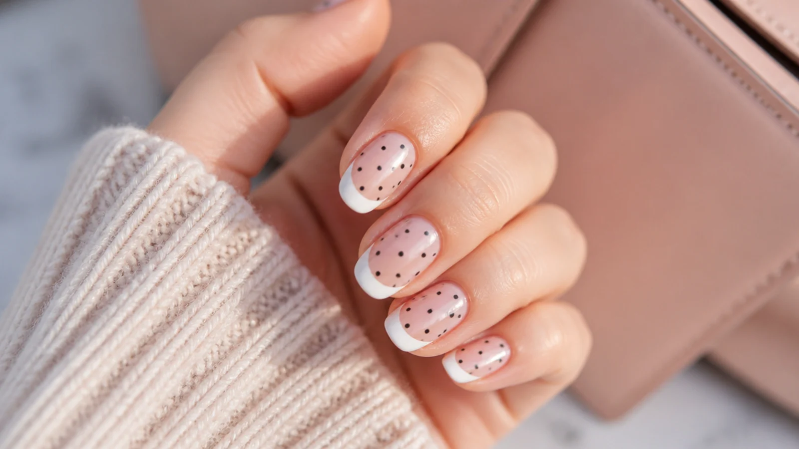 Sheer pink nails with white French tips and small black polka dots scattered across the nail bed