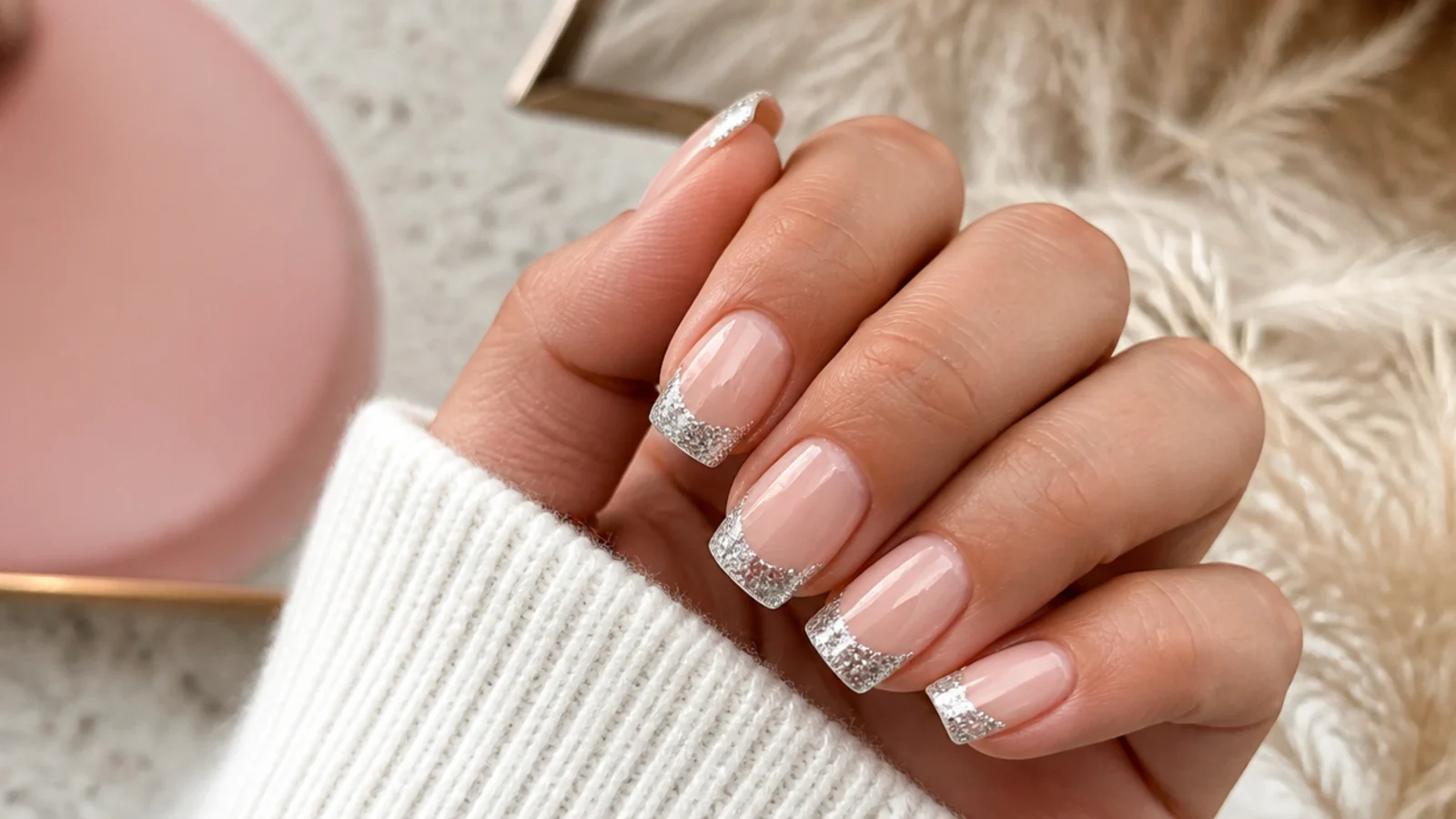 Medium square nails with silver glitter French tips over a sheer nude base and glossy top coat