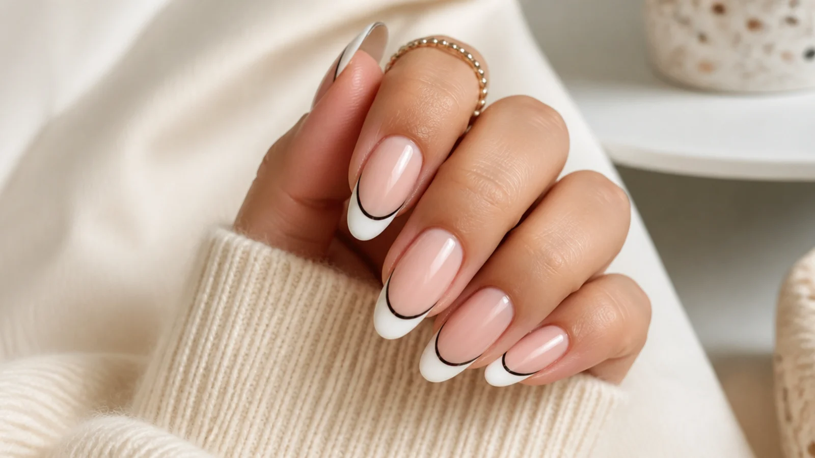 Long almond nails with a white French tip and a second thin black line curving beneath it