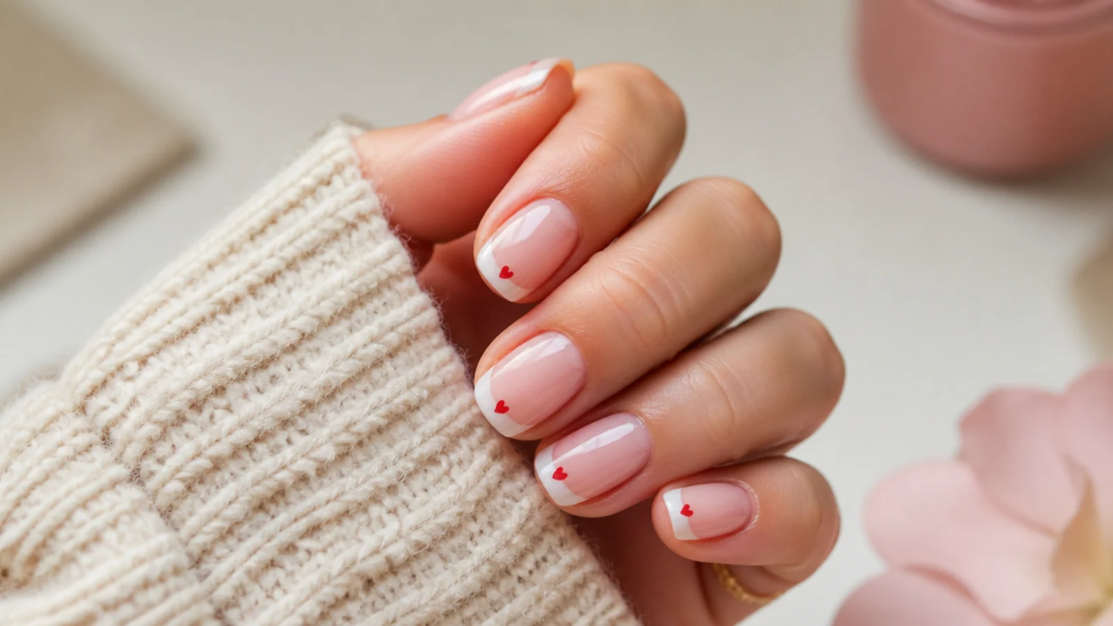 Short oval nails with white French tips and one tiny red heart painted in the corner of each tip