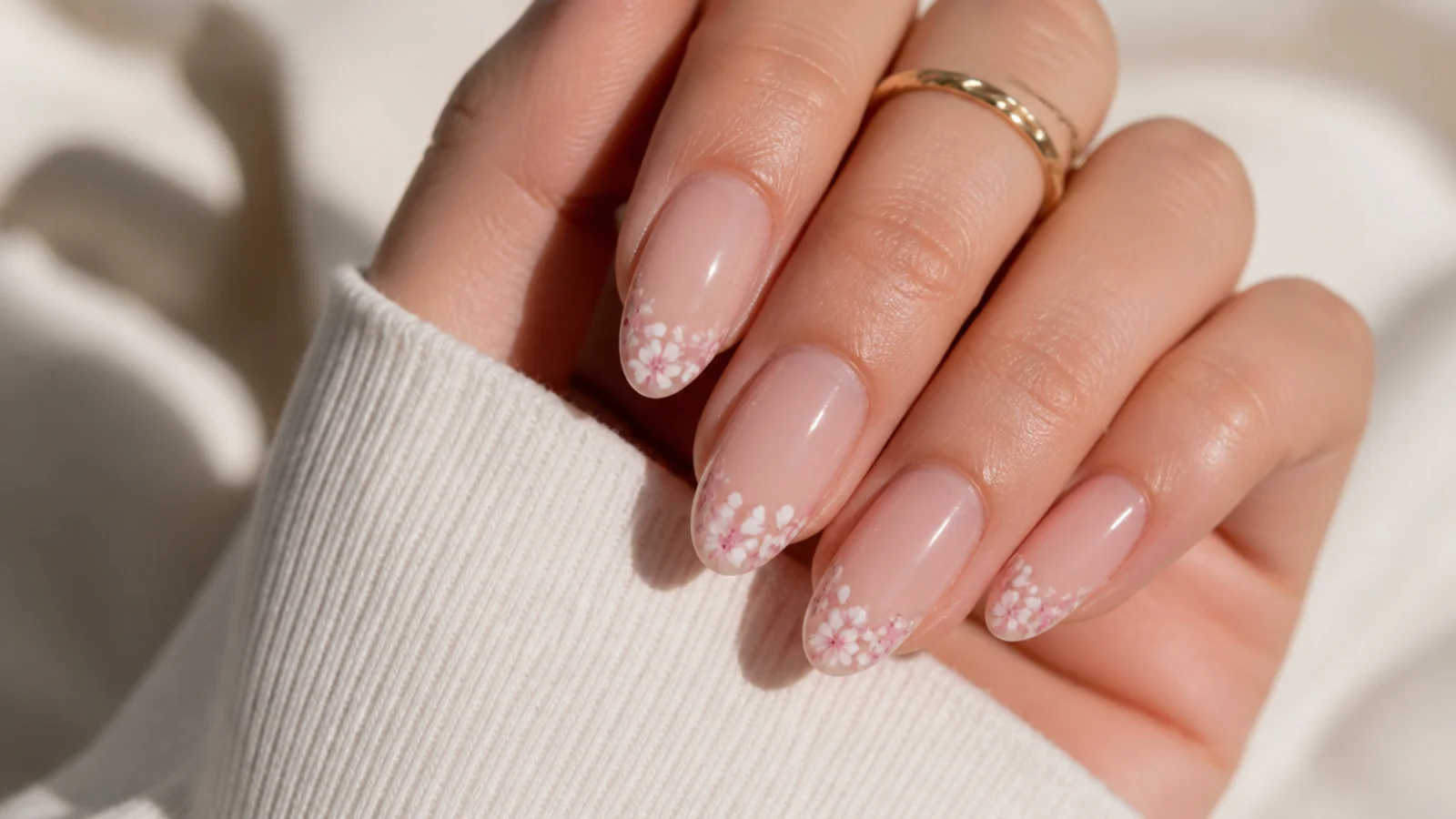 Long almond nails with sheer nude bases and small hand-painted white and pink flowers along the tip