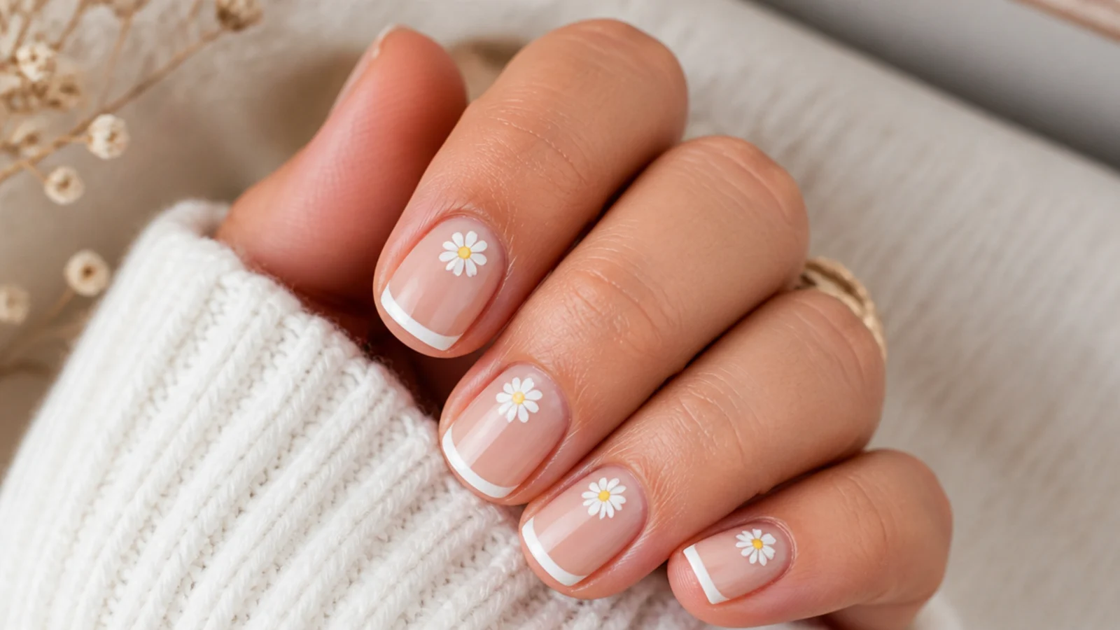 Short square nails with white French tips and small white daisies with yellow centers on the nail bed