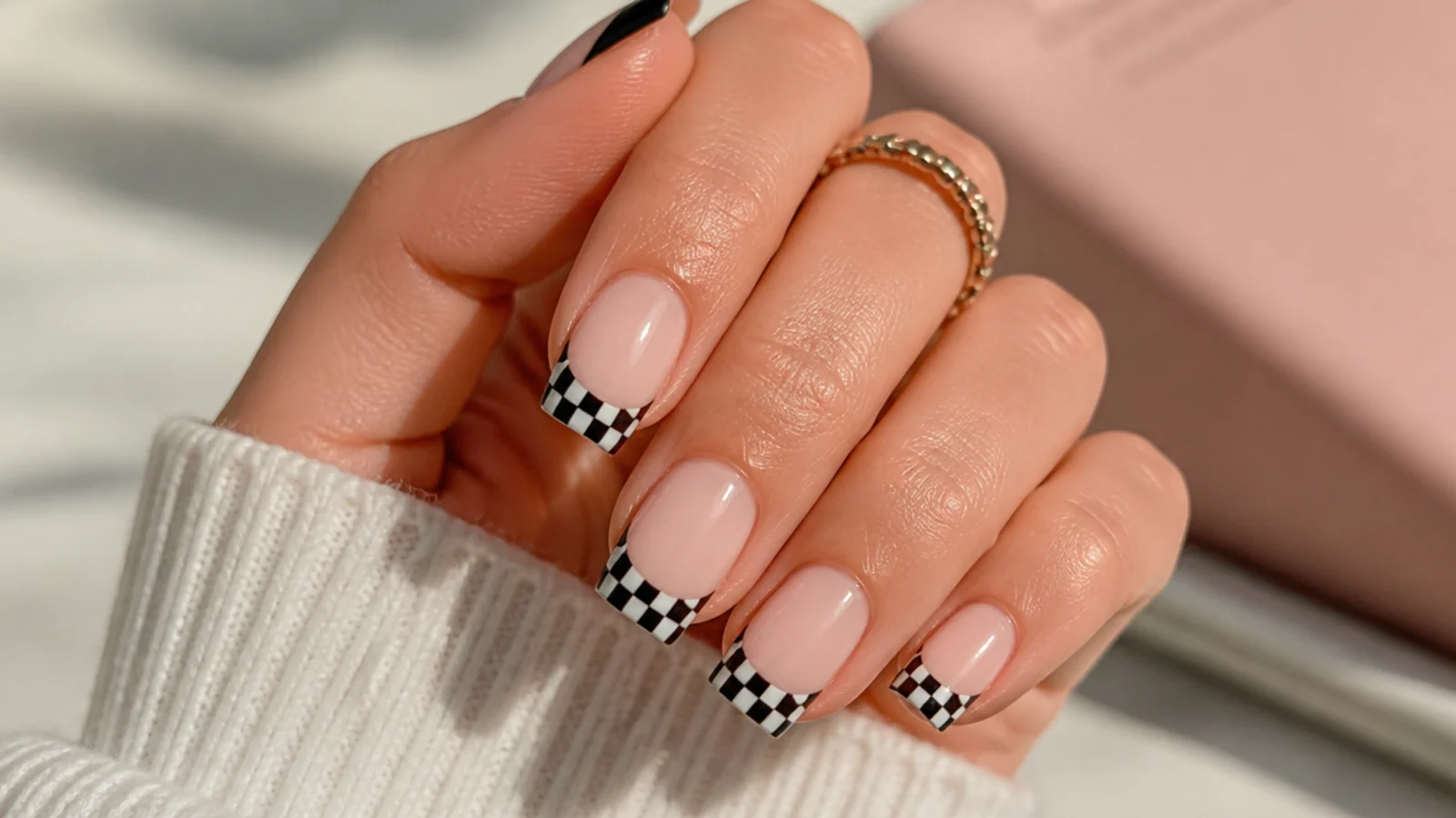 Medium square nails with a black and white checkerboard pattern filling the French tip area