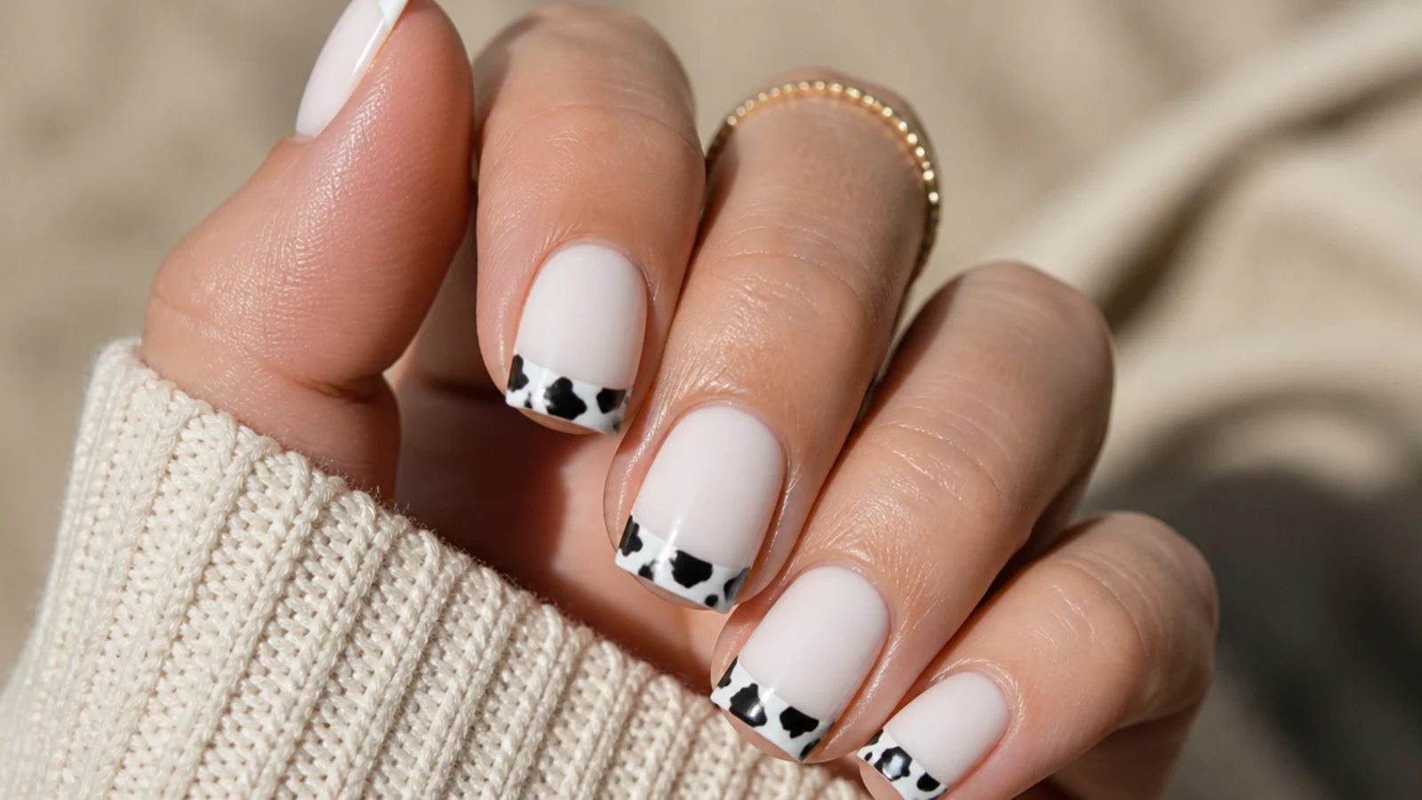 Short square nails with white bases and black cow print patches filling the French tip area